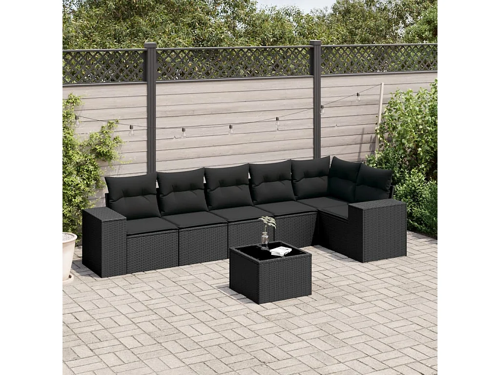 Set Divani da Giardino con Cuscini 7pz Nero Polyrattan