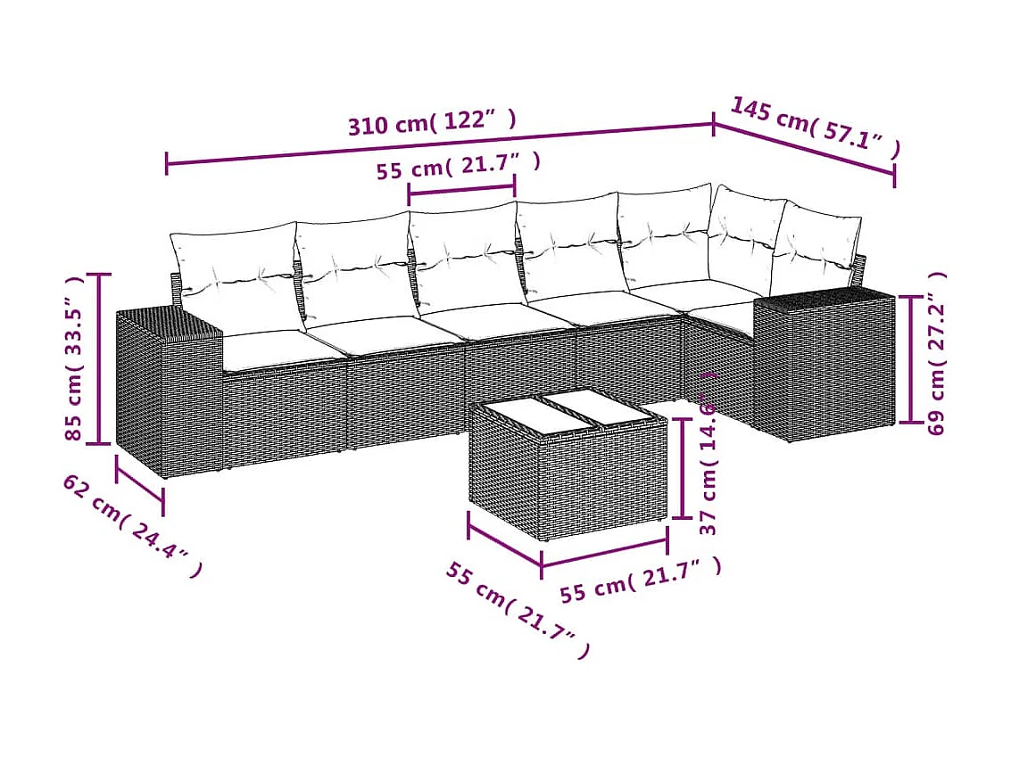 Set Divani da Giardino con Cuscini 7pz Nero Polyrattan