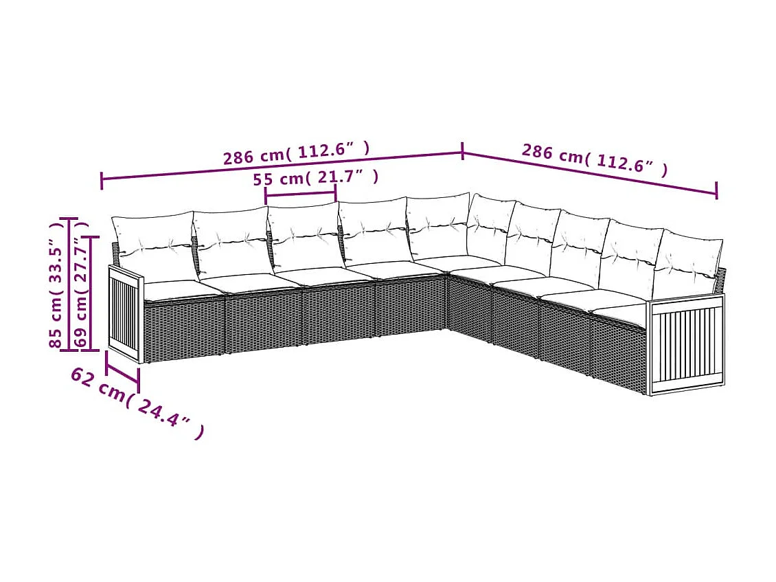Set Divani da Giardino 9 pz con Cuscini Nero in Polyrattan
