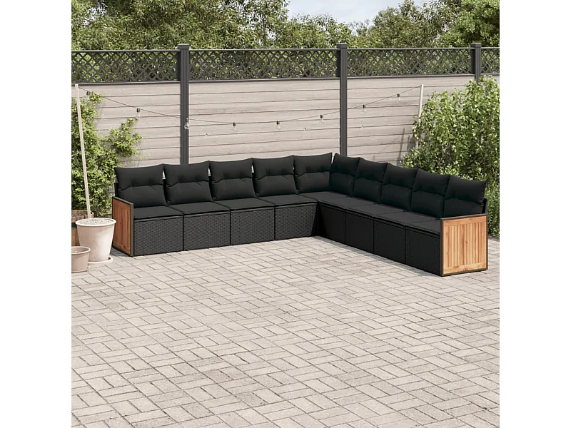 Set Divani da Giardino 9 pz con Cuscini Nero in Polyrattan