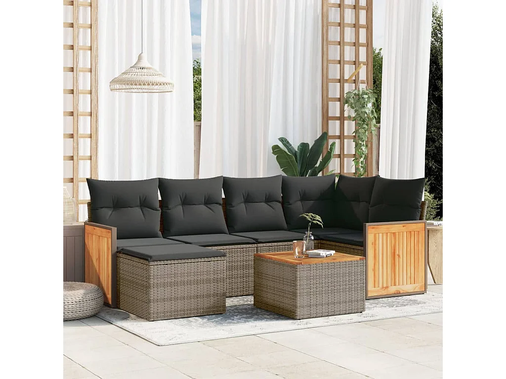 Set Divani da Giardino 7 pz con Cuscini Grigio in Polyrattan