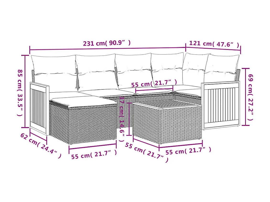 Set Divani da Giardino 7 pz con Cuscini Grigio in Polyrattan