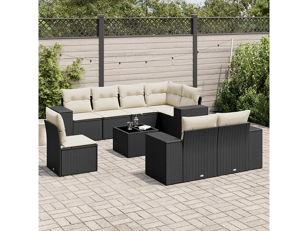 Set Divani da Giardino 9 pz con Cuscini Nero in Polyrattan