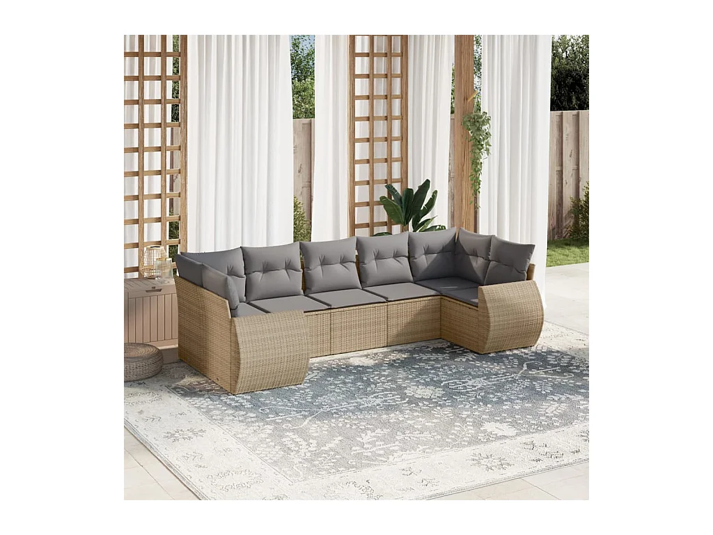 7 pcs conjunto de sofás p/ jardim com almofadões vime PE bege