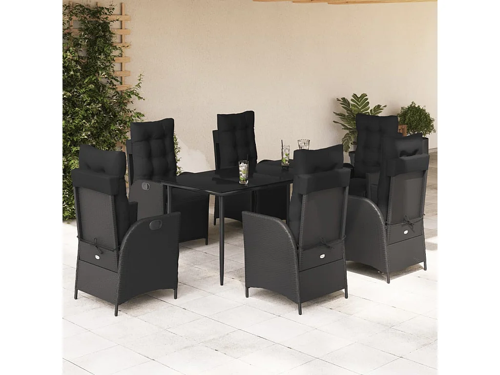 Ensemble à manger de jardin coussins 7pcs Noir Résine tressée