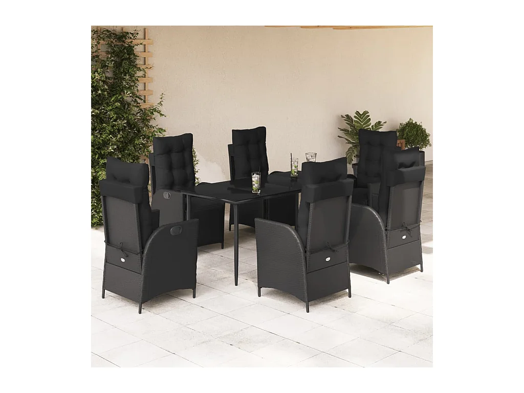 Ensemble à manger de jardin coussins 7pcs Noir Résine tressée