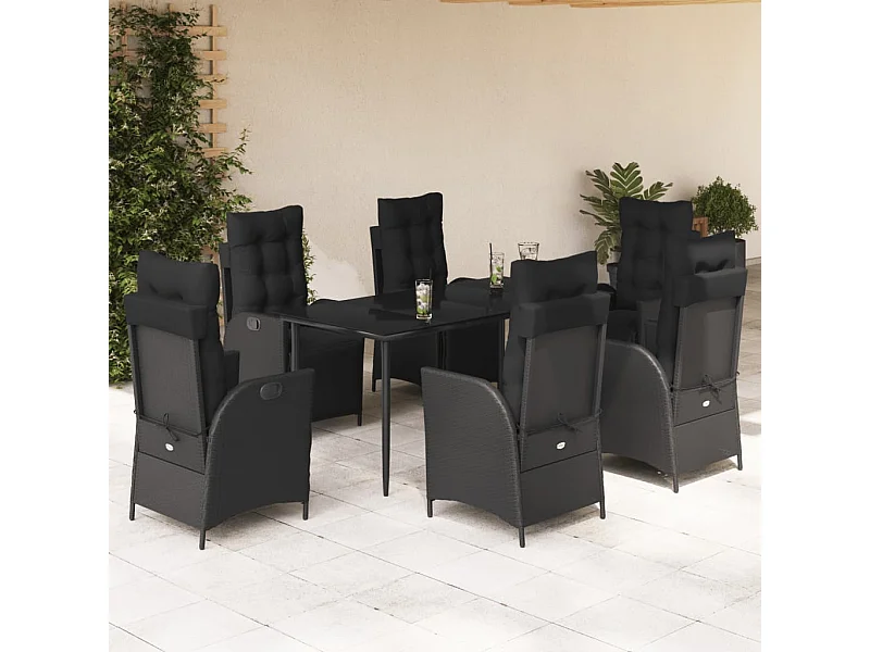 7-tlg. Garten-Essgruppe mit Kissen Schwarz Poly Rattan