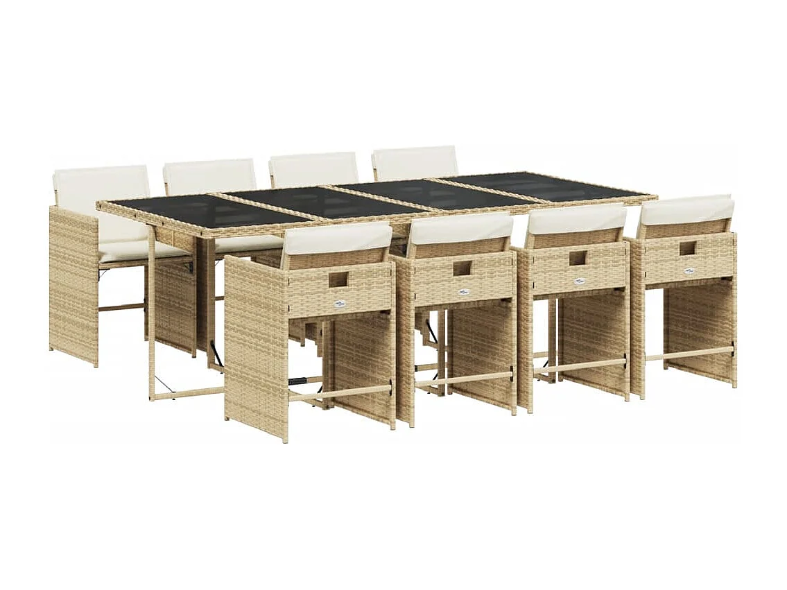 Ensemble à manger de jardin et coussins 9 pcs beige Poly rotin