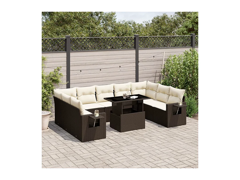Salon de jardin 10 pcs avec coussins marron résine tressée