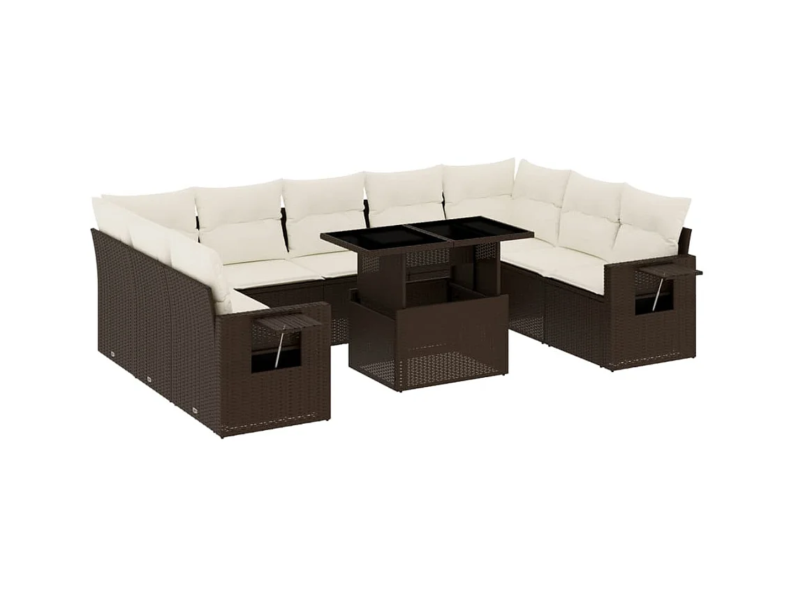 Salon de jardin 10 pcs avec coussins marron résine tressée