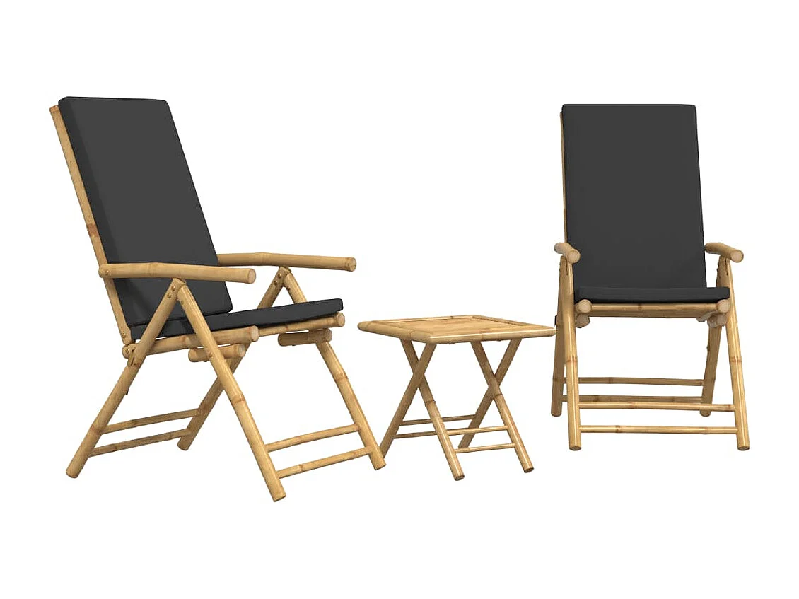 Ensemble de bistro pliante 3 pcs et coussins gris foncé bambou