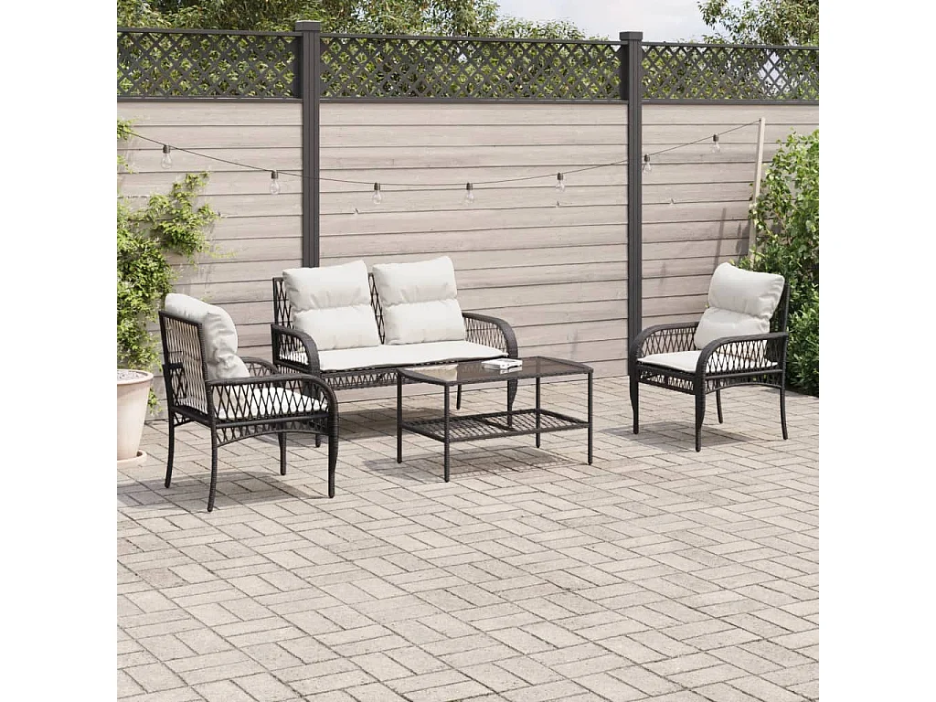4-delige Loungeset met kussens poly rattan zwart