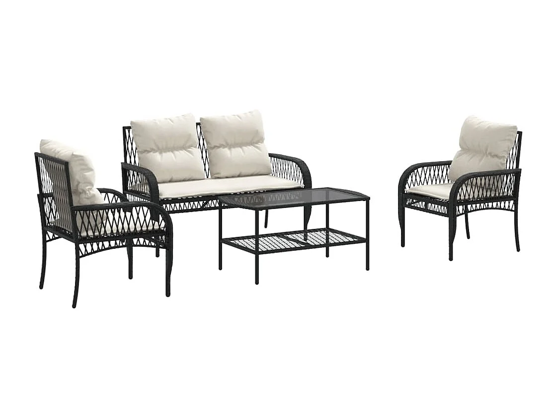 4-delige Loungeset met kussens poly rattan zwart