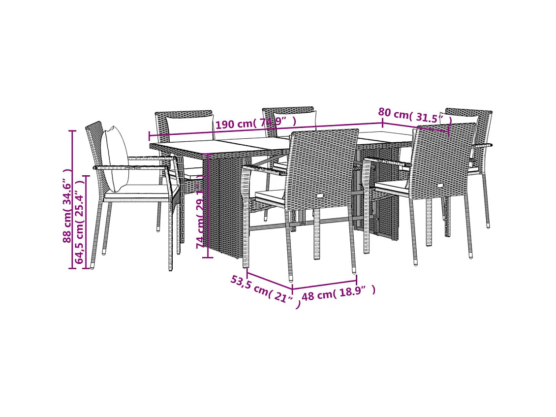 7-tlg. Garten-Essgruppe mit Kissen Grau Poly Rattan