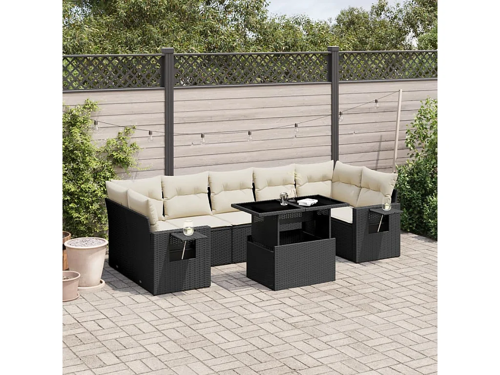 8 pcs conjunto sofás de jardim com almofadões vime PE preto