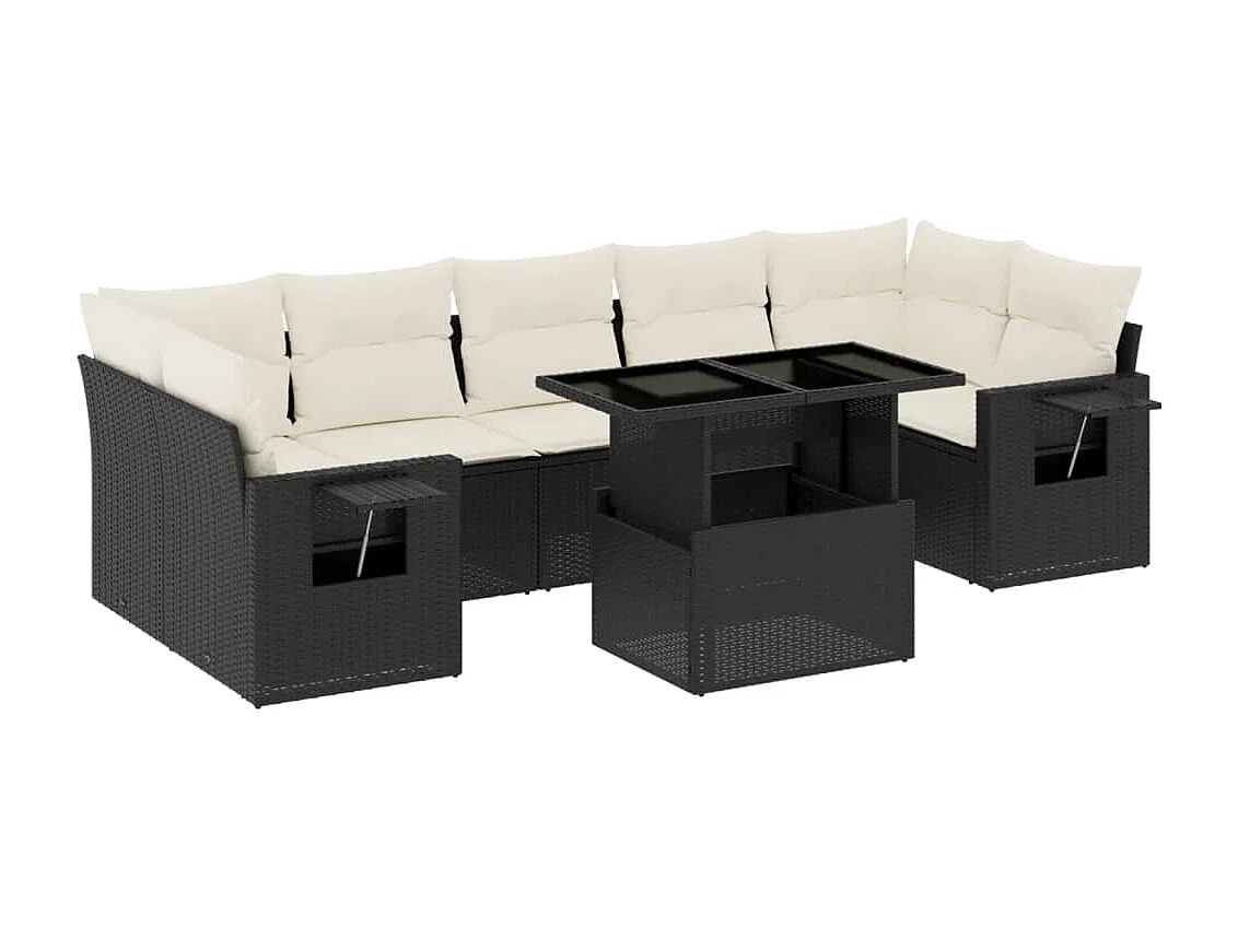 8 pcs conjunto sofás de jardim com almofadões vime PE preto