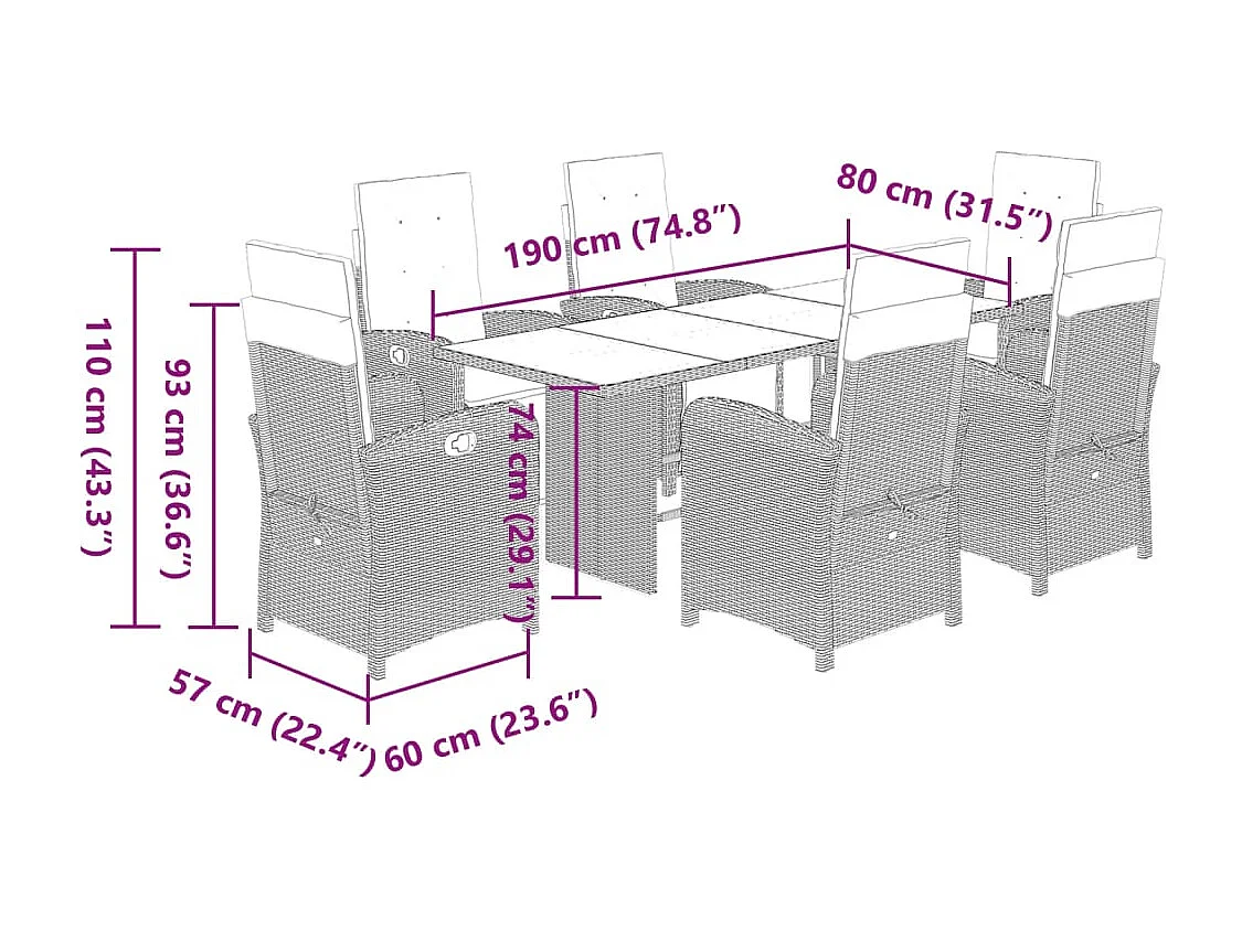 7-delige Tuinset met kussens poly rattan grijs