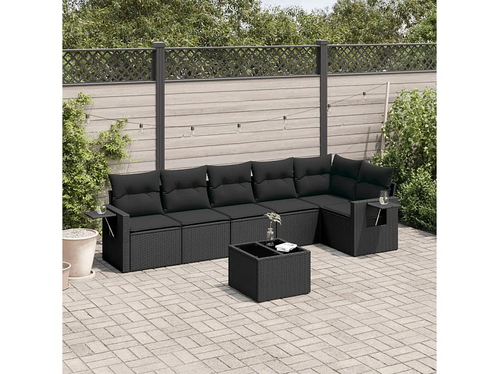 Salon de jardin 7 pcs avec coussins noir résine tressée