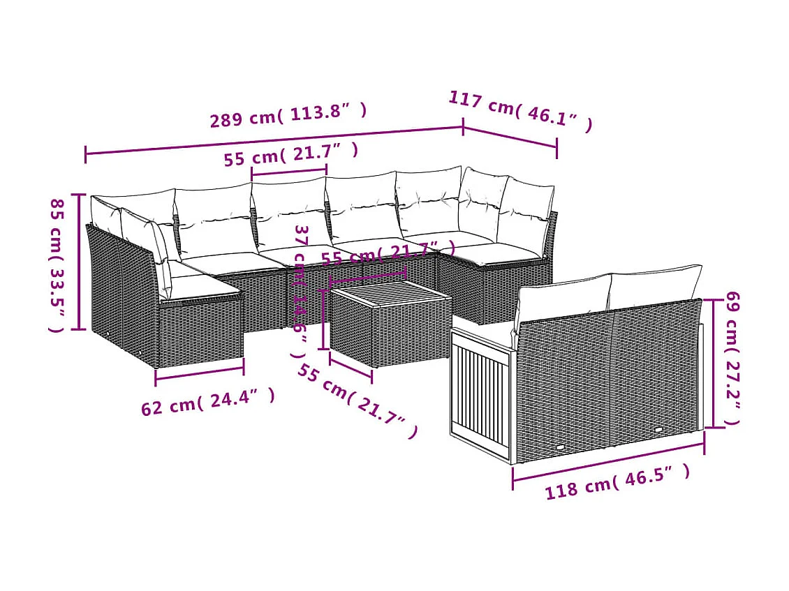 Salon de jardin 10 pcs avec coussins noir résine tressée