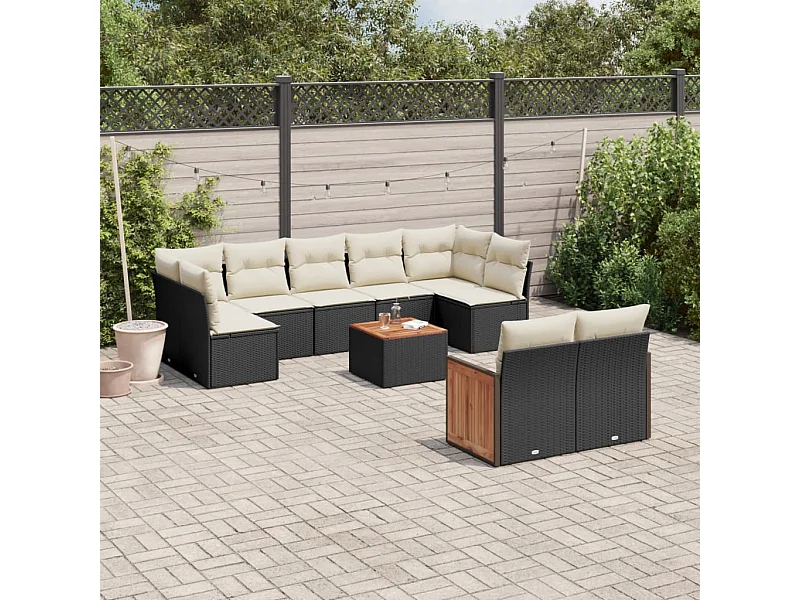 Salon de jardin 10 pcs avec coussins noir résine tressée