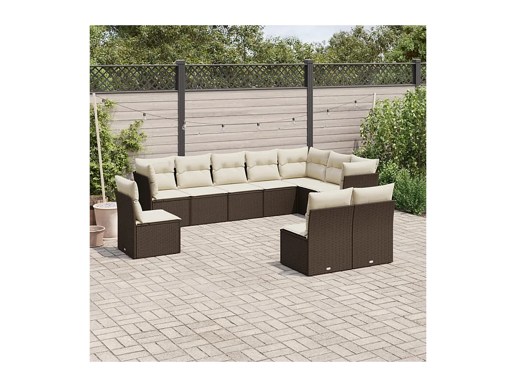 Salon de jardin 10 pcs avec coussins marron résine tressée