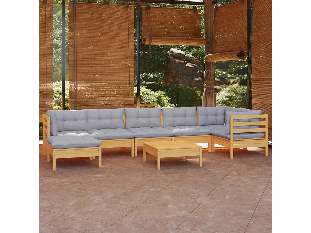 8-tlg. Garten-Lounge-Set mit Grauen Kissen Kiefer Massivholz
