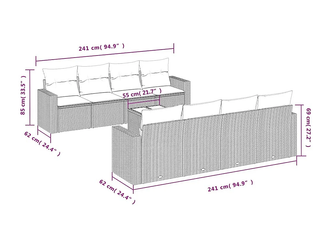 Salon de jardin 9 pcs avec coussins noir résine tressée