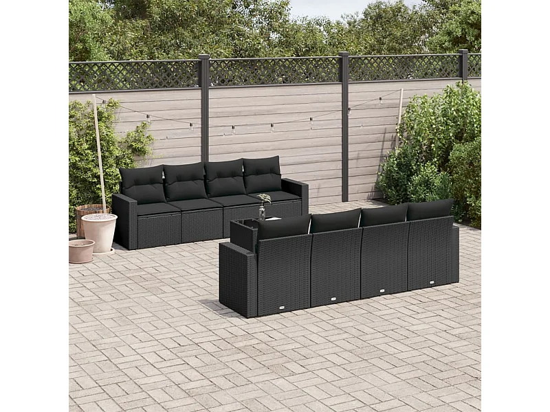 Set de sofás de jardín 8 piezas y cojines ratán sintético negro