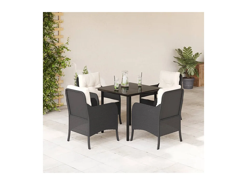 Set da Pranzo da Giardino 5 pz Nero con Cuscini in Polyrattan