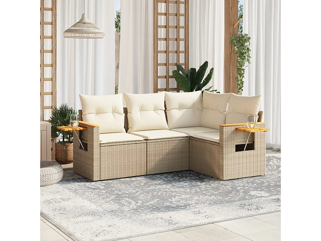 Salon de jardin avec coussins 4 pcs beige résine tressée