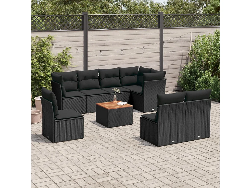 Set Divani da Giardino 9 pz con Cuscini Nero in Polyrattan