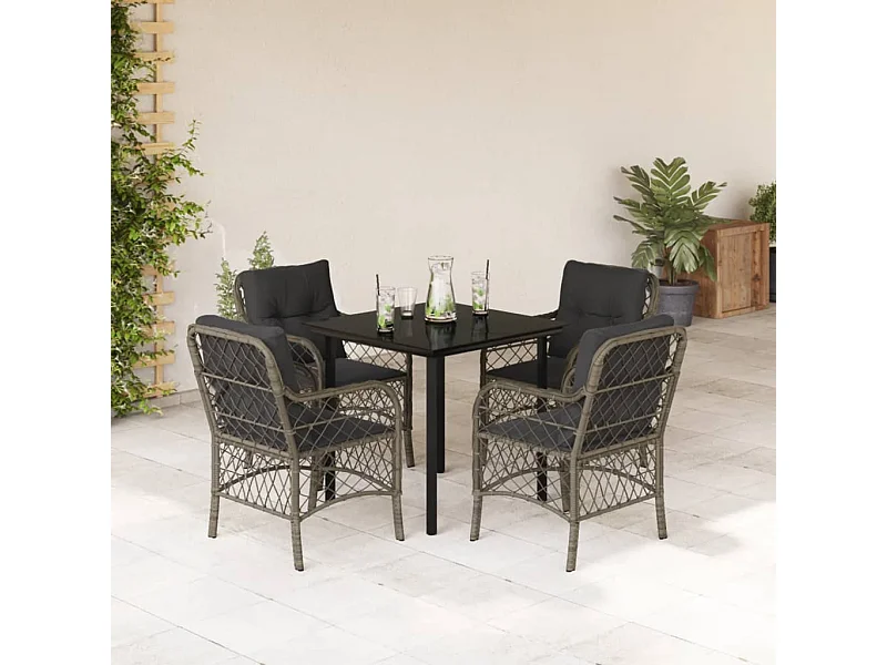 Set comedor de jardín 5 piezas con cojines ratán sintético gris