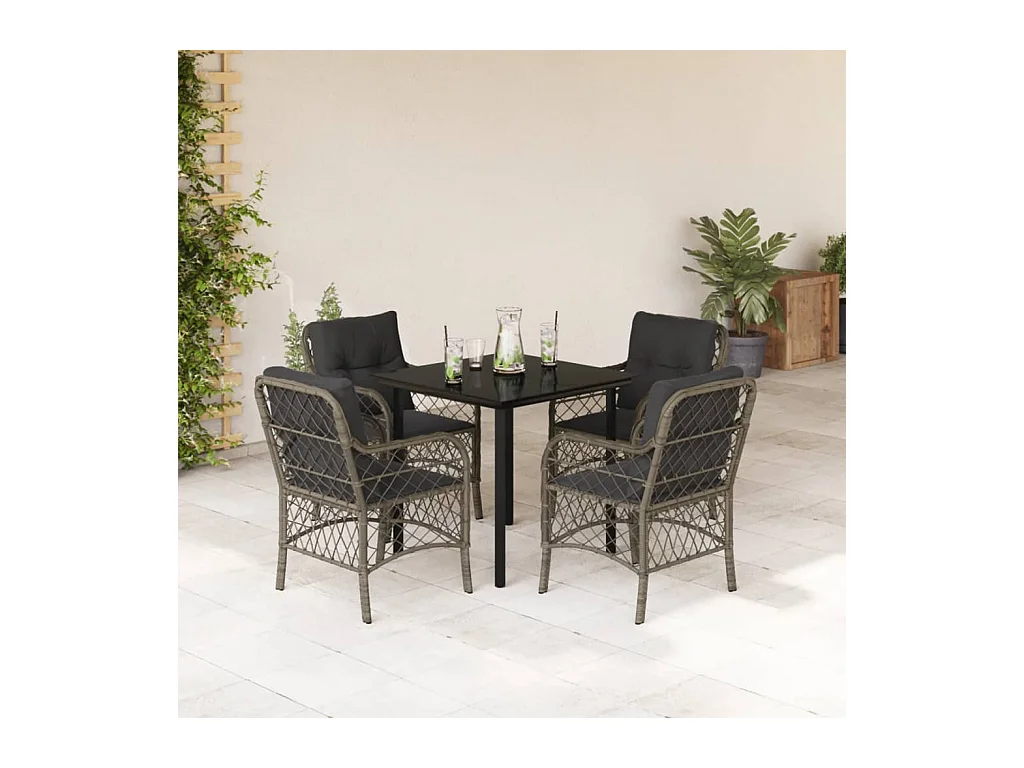 Set da Pranzo da Giardino 5 pz con Cuscini in Polyrattan Grigio