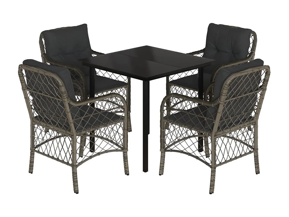 5 pcs conjunto de jantar p/ jardim c/ almofadões vime PE cinza