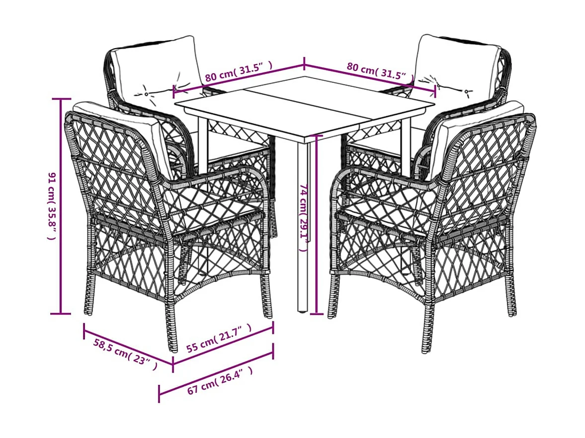 5 pcs conjunto de jantar p/ jardim c/ almofadões vime PE cinza