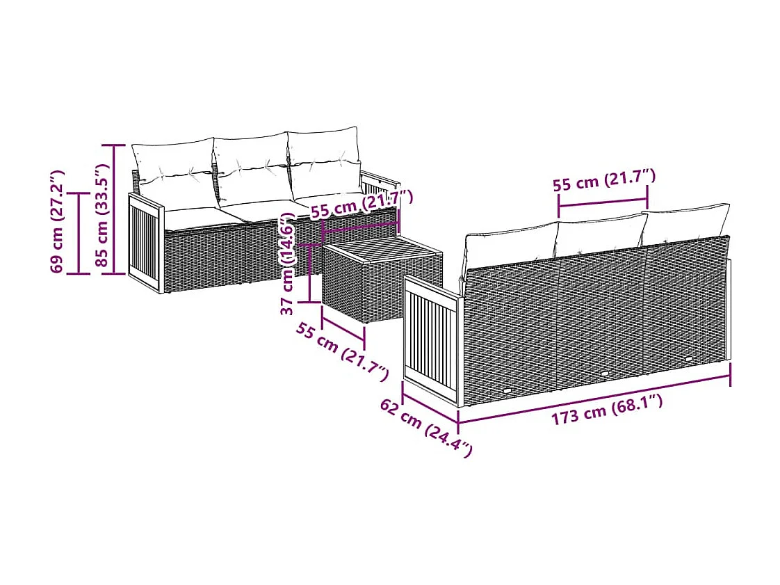Salon de jardin 7 pcs avec coussins noir résine tressée