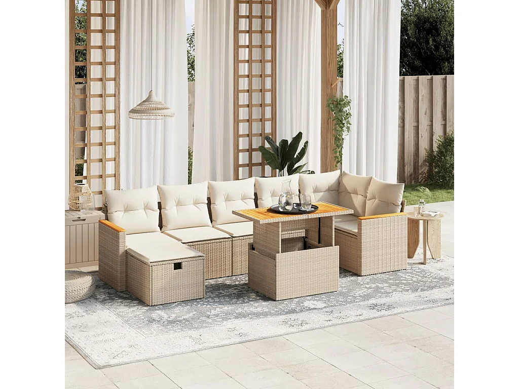 Set Divano da Giardino 8 pz con Cuscini Beige in Polyrattan