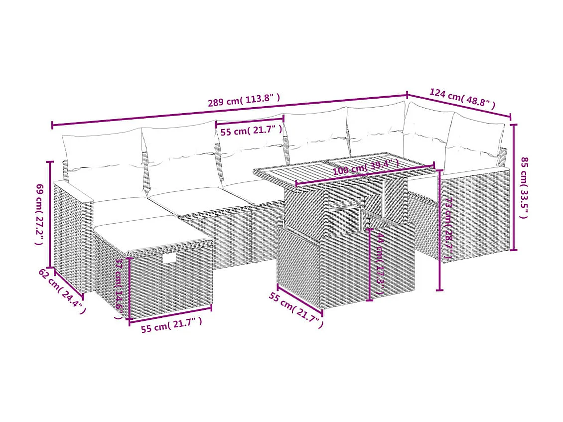 Salon de jardin avec coussins 8 pcs beige résine tressée