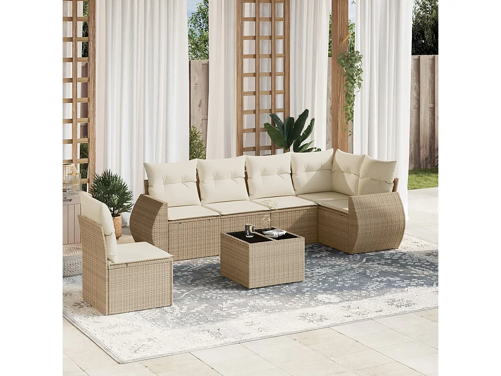 Set Divani da Giardino 7 pz con Cuscini Beige in Polyrattan