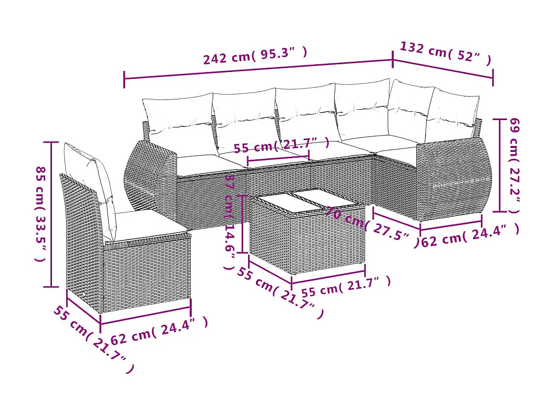 Set Divani da Giardino 7 pz con Cuscini Beige in Polyrattan