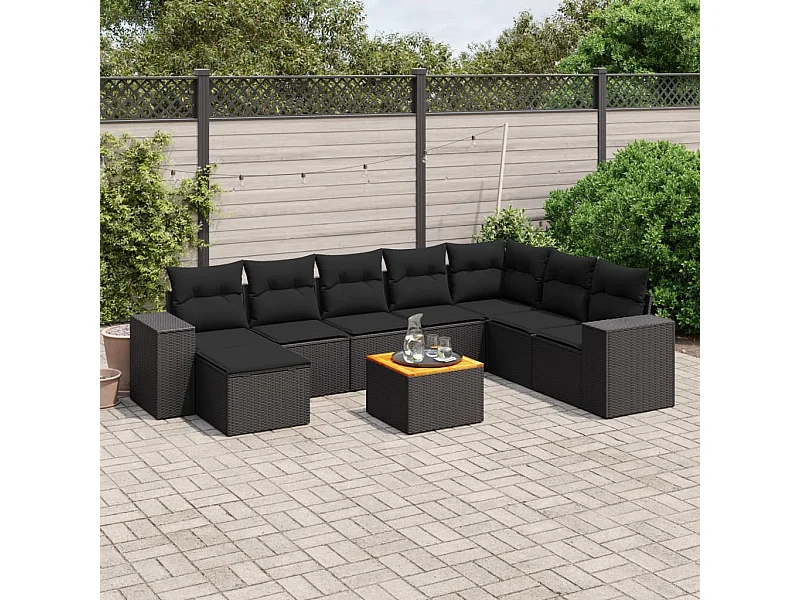 Salon de jardin 9 pcs avec coussins noir résine tressée