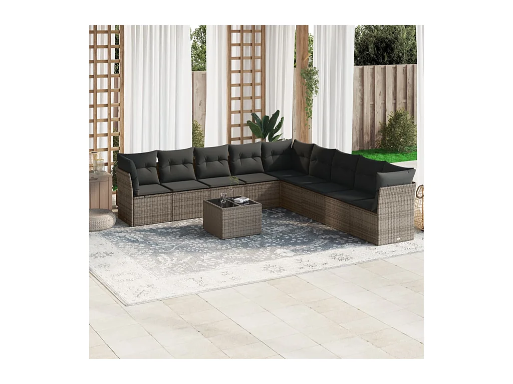Salon de jardin avec coussins 10 pcs gris résine tressée