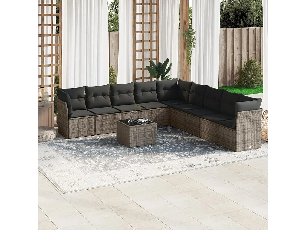 Salon de jardin avec coussins 10 pcs gris résine tressée