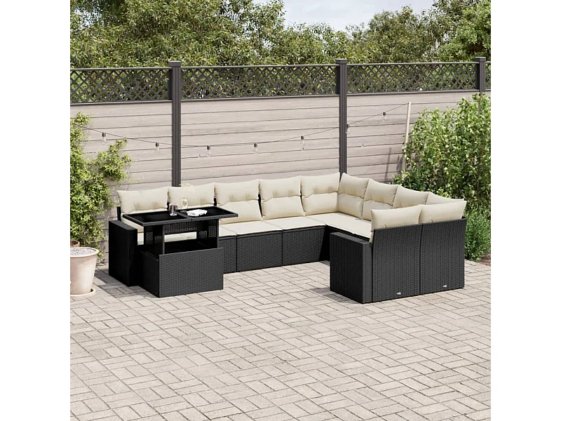 Salon de jardin 10 pcs avec coussins noir résine tressée