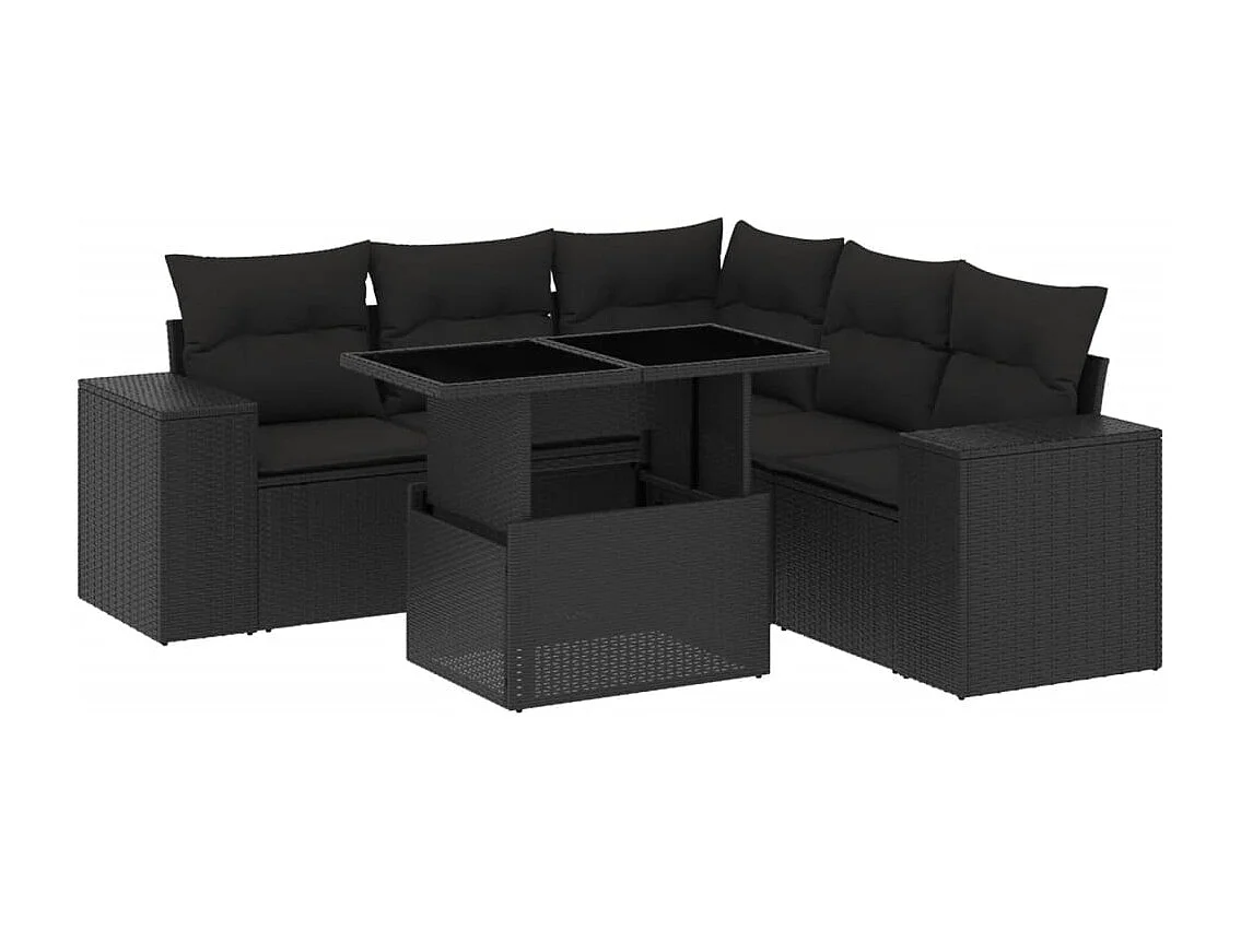 6 pcs conjunto sofás de jardim c/ almofadões vime PE preto