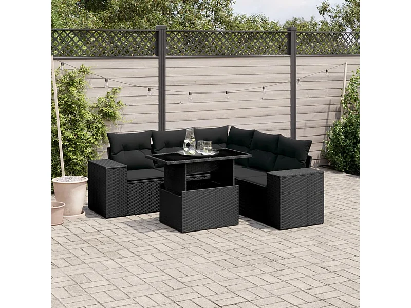 6 pcs conjunto sofás de jardim c/ almofadões vime PE preto