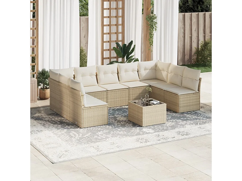 Salon de jardin avec coussins 10 pcs beige résine tressée