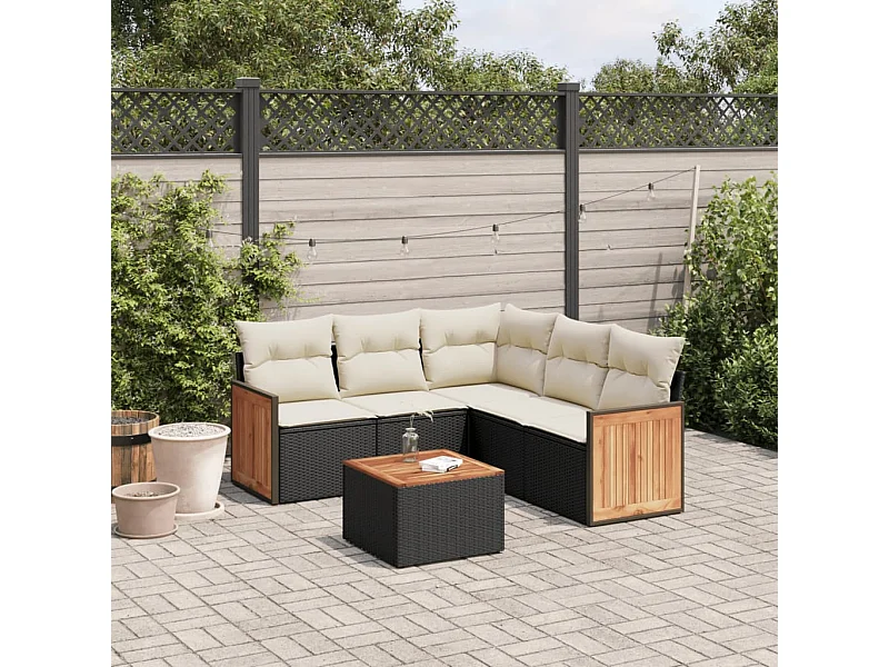 6 pcs conjunto sofás de jardim c/ almofadões vime PE preto