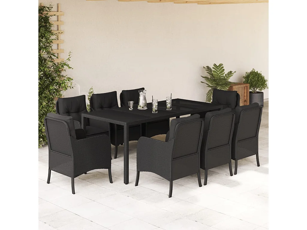 9-tlg. Garten-Essgruppe mit Kissen Schwarz Poly Rattan