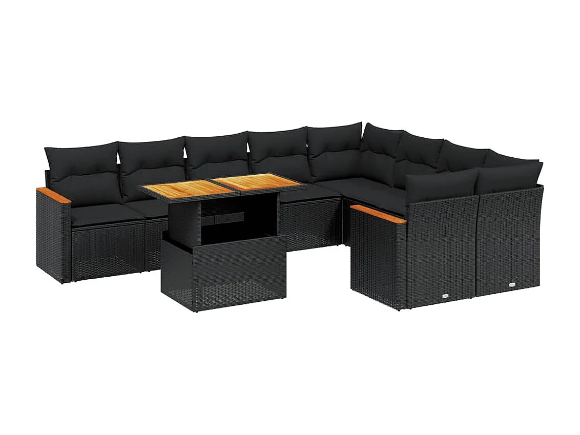 Salon de jardin 10 pcs avec coussins noir résine tressée